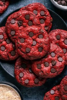 red velvet cookies with chocolate chips on a plate