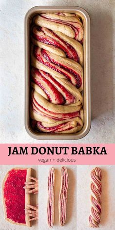 jam donut babka in a pan with the title overlaying it