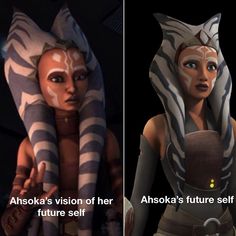 two pictures of the same character in star wars, one is an ahsoka's vision of her future self