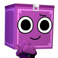 a purple box with eyes and hands on it's face is standing in front of a white background