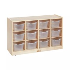 a wooden cubby with twelve plastic containers on the front and six clear bins on the back