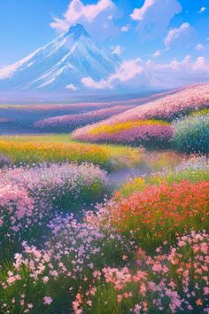 a painting of a mountain with flowers in the foreground