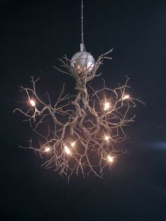 a chandelier with lights hanging from it's branches