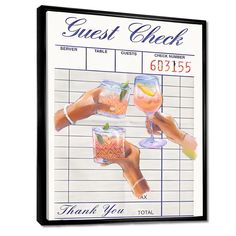 the guest check is displayed with two glasses of wine and a hand holding a drink