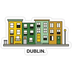 the dublin skyline sticker is shown in yellow and green, with buildings on each side