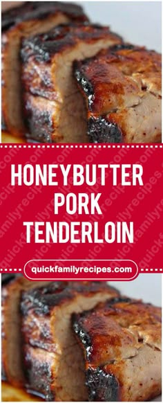 honeybutter pork tenderloin on a white plate with red border overlay