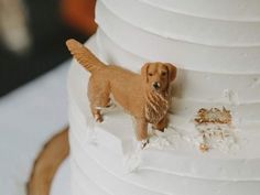 a dog figurine is standing on top of a wedding cake with frosting