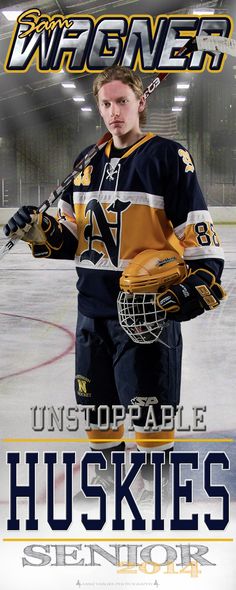 a hockey player is posing for a photo on the cover of his book, unstopable huskies senior