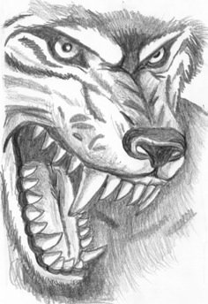 a drawing of a wolf's head with its mouth open and teeth wide open