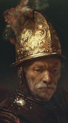 a painting of a man wearing a golden helmet