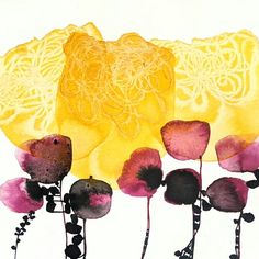 an image of some flowers that are in watercolor and ink on paper with yellow background