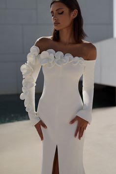 Elegant Crepe Wedding Dress with 3D Petal and Handmade Flower Accents – Wedding Roof Flower Petal Wedding Dress, Simple Unique Wedding Dresses, Glam Wedding Dresses, Simple Engagement Dress, 3d Flower Dress, Unique Gowns, Flower Petal Dress, Coktail Dress, Crepe Wedding Dress