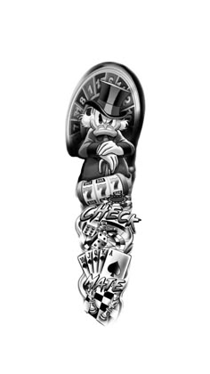 a black and white photo of a clock with many stickers on it