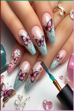 Nail Designs Butterflies, Sweet 16 Butterfly Theme, Butterfly Nails Design, Nails With Butterflies, Nail Art Butterfly, Mint Green Nails, Butterfly Nail Designs, Nails Flowers, Watermelon Nails