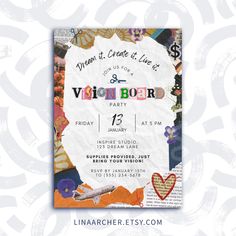 a flyer for a vision board party with paper collages and hearts on it