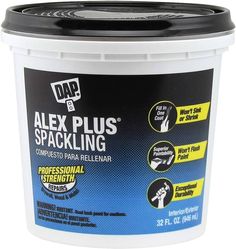 a bucket of alex plus spackling with instructions on how to use the product