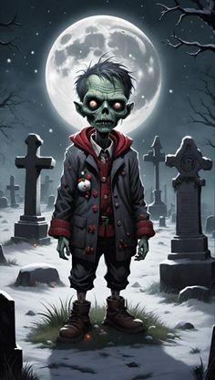 a creepy looking zombie standing in front of a cemetery with the moon behind it and tombstones all around