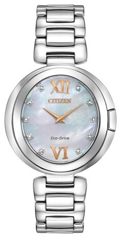 Citizen Ladies Silver Tone Swarovski Crystal, Sapphire Crystal, 50m 5ATM Water Resistant, Mother of Pearl Dial Eco-Drive Watch - Citizen Eco Drive, Diamond Watches Women, Eco Drive Watches, Citizen Watch, Citizen Eco, Eco Drive, Band Bracelet, Watch Model, Mens Gift Sets