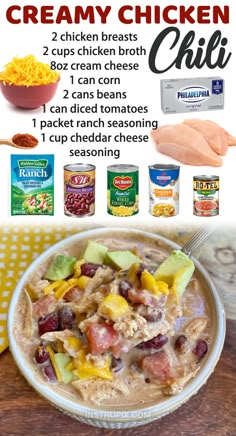 an advertisement for creamy chicken chili with ingredients