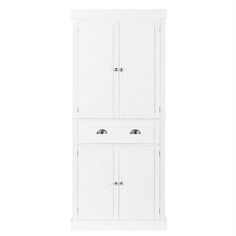 a tall white cabinet with two doors on the front and one door open to reveal a drawer