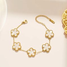 Luxury Stainless Steel Bracelet Women Double-Sided Five Flower Bracelets For Women Men Clover Fashion Jewelry Accessories Gifts Clover Jewelry, Rhinestone Statement Necklace, White Bracelets, Leaf Flowers, Charm Bangle, Timeless Accessories, Flower Bracelet, Fashion Accessories Jewelry, Heart Jewelry