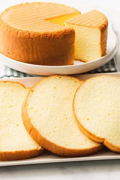 several slices of cake on a plate next to a cheesecake with one slice cut out