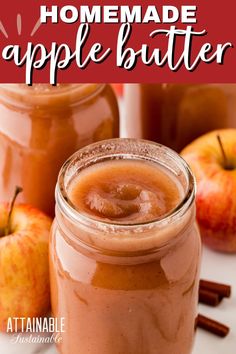 homemade apple butter in a mason jar with apples around it