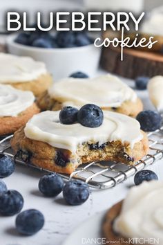 blueberry cookie with frosting setting on a wire rack Blueberry Cookie Recipes, Blueberry Cream Cheese Cookies Recipes, Fresh Blueberry Cookies Recipes, Blueberry Cream Cheese Cookies, Oats Blueberry Cookies, Easy Sweet Treats, Potluck Favorites, Blueberry Cookies Recipes, Justine Doiron