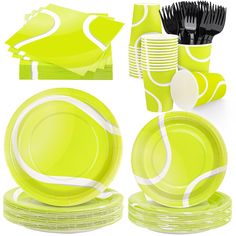 a set of neon green and white tennis themed dinnerware