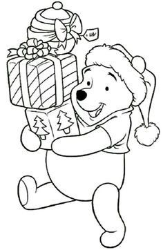 a coloring page with a teddy bear carrying a christmas present