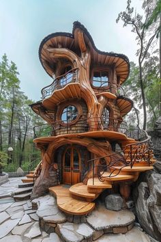 a tree house built into the side of a rock wall with stairs leading up to it