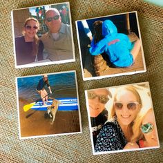 four polaroid photos of people on a beach with a dog and a surfboard