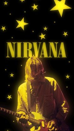 nirvana playing guitar in front of stars and the words nirvana written on his shirt is yellow