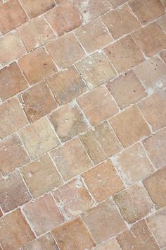 an orange and white cat laying on top of a brick floor