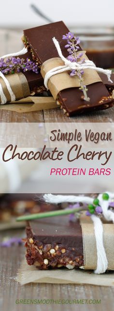 simple vegan chocolate cherry protein bars with lavender flowers on top and in the background