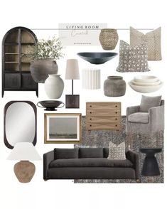 living room mood board with furniture and accessories