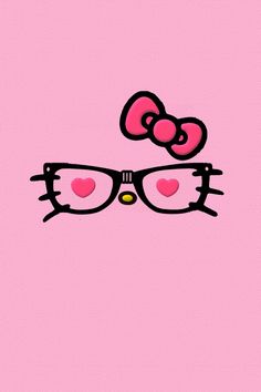 a hello kitty wallpaper with glasses and a bow on it's head in pink