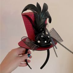 Pink Hat Headband With Decorative Black Rose, Rhinestones And Feather. Never Worn. Great For A Costume, Party, Cosplay, Or However You See Fit. Goth Styles, Funky Hats, Hat Headband, Crazy Hats, Holiday Hotel, Hotel Ideas, Fancy Hats, Colorful Feathers, Pink Hat