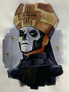 a drawing of a man with a helmet on top of his head and one eye open