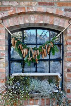 a window that has some plants in front of it with pine cones hanging from the windowsill