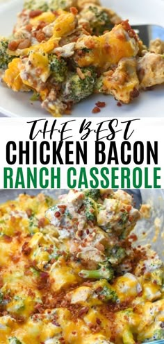 chicken bacon ranch casserole with broccoli and cheese on top is shown