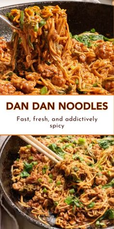 an image of dan dan noodles in a pan with chopsticks on the side