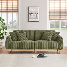 a living room with a green corded couch and two plants on the floor next to it