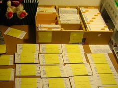 a desk covered with yellow sticky notes and a laptop