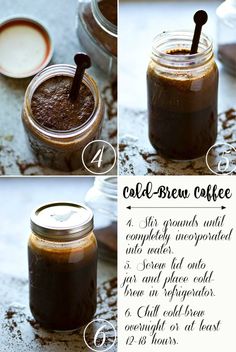 three pictures showing how to make cold brew coffee in a mason jar with the instructions