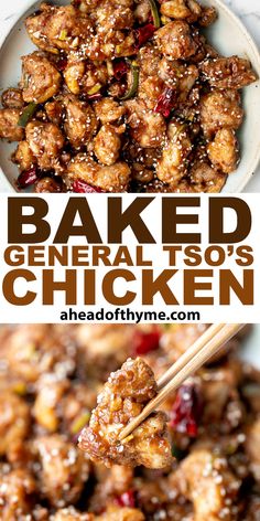 baked general tso's chicken is served with chopsticks