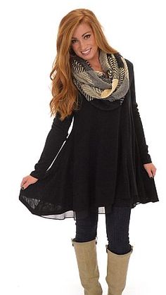 ShopBlueDoor.com: A cozy tunic with a chiffon, peek-a-boo hemline! $39 at shopbluedoor.com! Spring Black Tunic Cover-up, Contemporary Dresses, Work Fashion, Boutique Clothing, Cute Dresses, What To Wear, Winter Outfits, Favorite Outfit, Fall Outfits