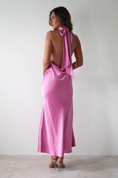 Kaylah Satin Halter Neck Maxi Dress | Bright Pink Bright Pink Maxi Dress, Pastel Pink Dress, Halter Prom Dresses, White Bridal Dresses, Pink Silk Dress, Bridesmaid Colors, Maxi Dress Wedding Guest, White Bridesmaid Dresses, Halter Neck Maxi Dress