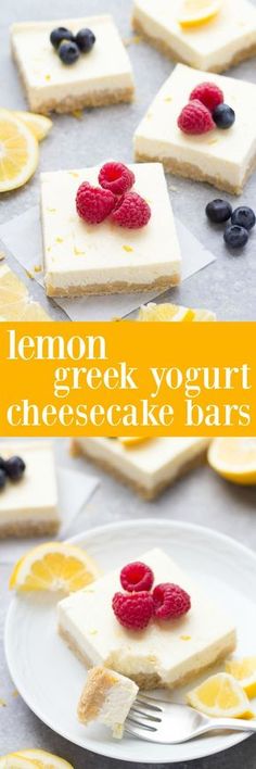 lemon, greek yogurt and cheesecake bars with berries on top