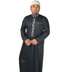 Men's Full Length Islamic Thobe Shiny BlackThis unique thobe is designed with sleek simplicity in mind! Features a medium-sized collar, loose sleeve cuffs, and a handy chest pocket. Its shiny texture makes for a classy look while the simple print makes it suitable for everyday use. Wear to jummuah, daily prayer, and taraweeh!COLORBlackFEATURES:- Medium size collar- Loose sleeve cuffs- Chest pocket- Simple wavy lines pattern- Shiny finish- White trimming on collar, chest pocket, and cuffs.SIZING: Thobes Men, Sports Hijab, Shiny Texture, Small Wall Decor, Islamic Wall Decor, Hijab Pins, Islamic Decor, Childrens Rugs, Lines Pattern